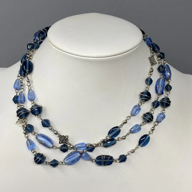 VTG Glass Bead Necklace Blue Wire Wrapped Czech Molded Pressed Endless Long 48"