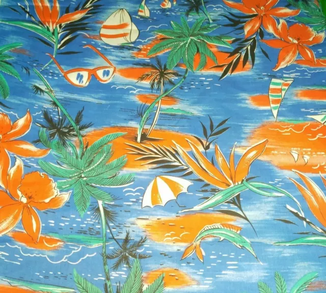 Hawaiian Sail Boat Palm Trees Print approx 2 Yards cotton Blend fabric