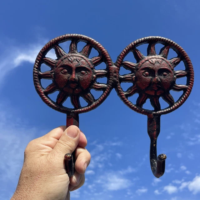 Red Wrought Iron Cast SUN CELESTIAL Double Hook Coat Wall Rack Vintage❤️blt7j1 3