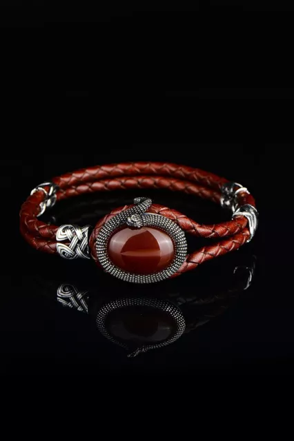 Silver Snake Bracelet , Yemen Agate Stone Bracelet , Red Snake Leather Bracelet