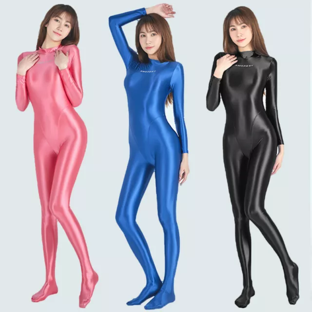 AMORESY Women Oil Shiny Glossy Jumpsuit Wet Look Opaque Sports Yoga Bodysuit