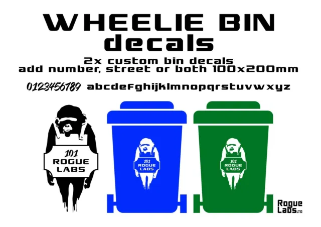 Set of 2 Banksy Ape Wheelie Bin Number Stickers Custom House Vinyl Graphic Decal
