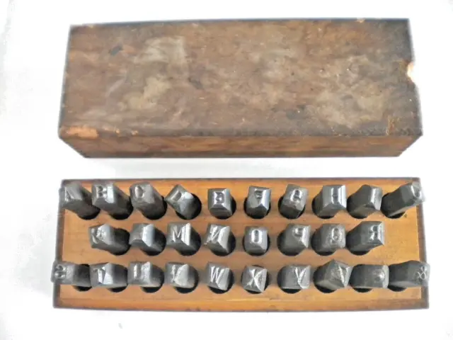 Complete 28 pc Set Vintage Matthews Alphabet 1/4" Steel Die Punches in Wood Box