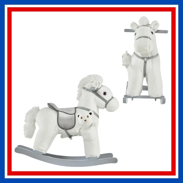 Cheval à Bascule WOLTU - Peluche Et Bois - Ceinture Sécurité - Sons Réalistes - Enfants 18-36 Mois - Blanc/Gris
