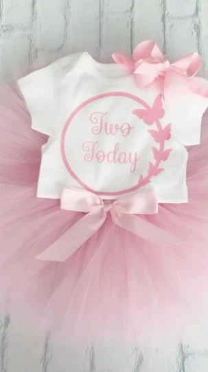 NEW Girls 2nd Second Birthday Party Outfit Tutu Skirt Baby Pink Butterfly Two