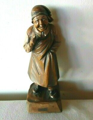 Vintage Hand Carved Wooden Old Man Shop Keeper With Apron Hat & Holding A Coin
