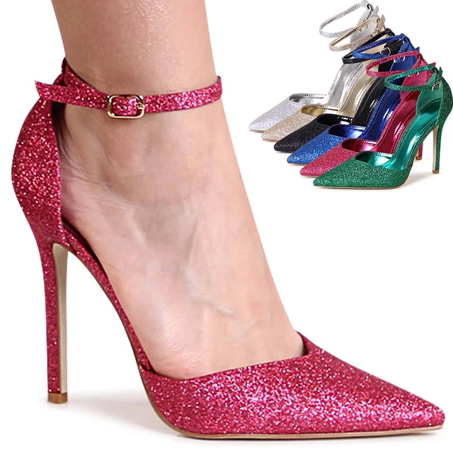 Femmes Escarpins à Sangle Dentelle Paillettes Talons Hauts Pointy Ciel Aiguille