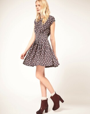 LN PAUL & JOE SISTER Polka Dot Owl Dress EU 36 XS $245 Gray Fit Flare Pleat y2k