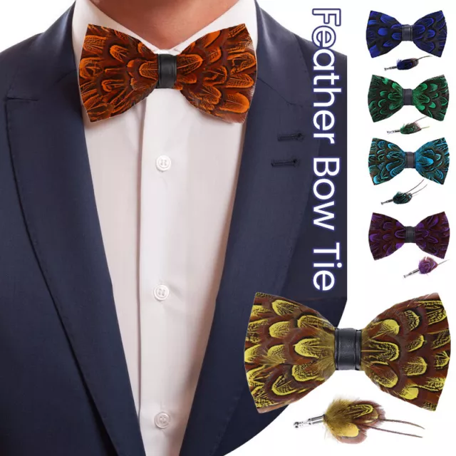 Men Feather Bow Tie Black Gold Floral Bowtie Wedding Groom Party Wear Accessory 2