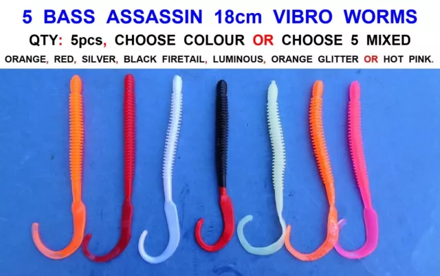 10 BASS ASSASSIN LARGE 18cm VIBRO CURLY TAIL WORMS SEA FISHING LURES COD  POLLOCK £10.95 - PicClick UK