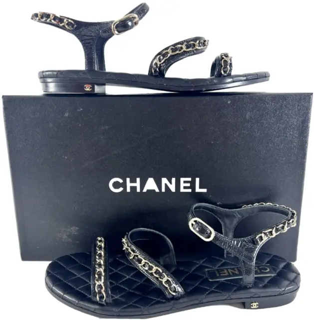 CHANEL Quilted Leather & Gold Chain Strappy Flat Sandals Marked as 36.5 (6.5US)