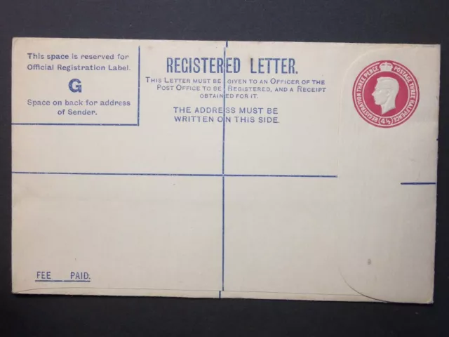 GB Postal Stationery 1939 KGVI 41/2d puce Registered Envelope size G H&B RP47