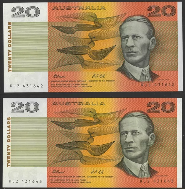 1991 Australian Mint Pair $20 RJZ 431642-431643 Fraser Cole Paper Banknotes r413