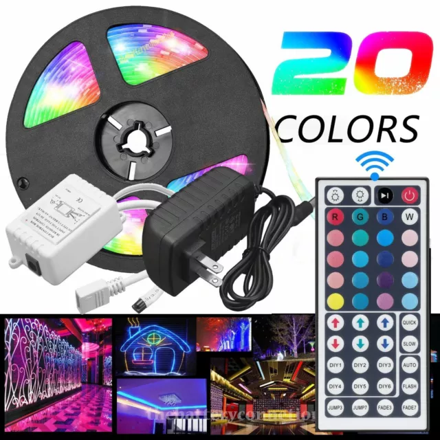 5M RGB 5050 Waterproof LED Strip light SMD 44 Key Remote 12V US Power Full Kit