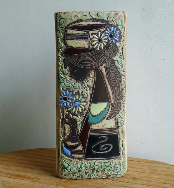 UNUSUAL vintage SAN MARINO style ceramic VASE enamel + sgraffito GIRL + DAISIES