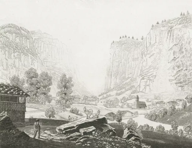 STAUBBACHFALL - Gesamtansicht - Aquatinta um 1840.