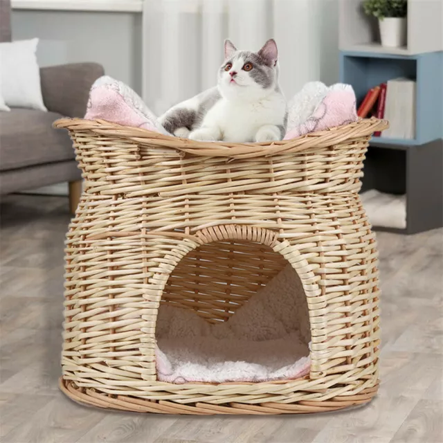 2 Tier Rattan Wicker Elevated Cat House Kitty Scratch House Pet Bed W/ Cushion