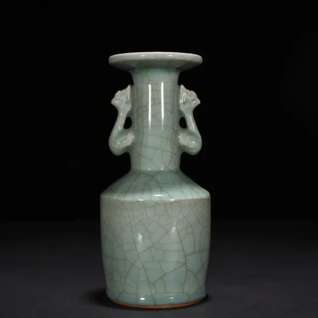 9.1" China Porcelain song dynasty longquan kiln cyan Ice crack phoenix ear Vase