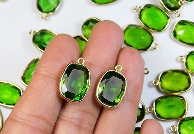 Pair Of Faceted Cushion Cut Gold Plated Hydro Peridot Bezel Connectors 16x12mm