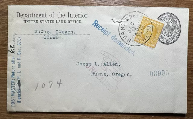 1910 US Dept Of Interior Land Office Penalty Cover Burns Oregon Registered 6x3.5