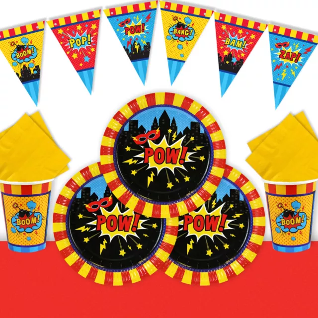 SUPER HERO Essentials Party Pack, super hero plates, cups bunting