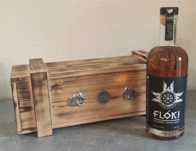 Floki Whisky, Young Malt, Single Barrel aus Island, mit Holzkiste Osebergdrachen