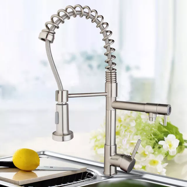 UK Deck Mounted Brushed Nickel Kitchen Sink Swivel Faucet Pull Down Taps Mixers
