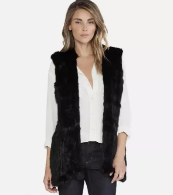 525 AMERICA LUXE Black Rabbit Fur Hooded Open Front Vest Sz S $460