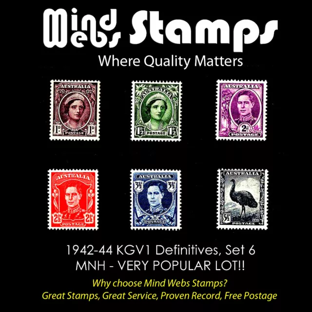 #0555a) Australian Pre-Decimal Stamps 1942-1944 George V1 Definitives (6) MNH