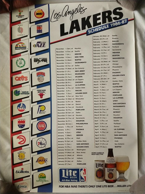 Vintge 1986/87 Los Angeles Lakers Schedule Some Original Logos Miller Lite 20x30