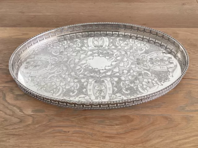 Vintage Viners Of Sheffield Alpha Plate Oval Galleried Tray - Silver Plated