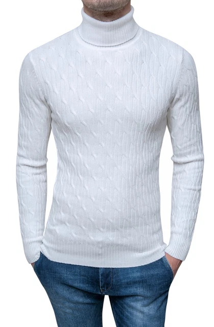 Maglione dolcevita uomo bianco invernale a trecce slim fit in lana S M L XL XXL