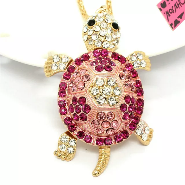 New Fashion Women Rhinestone Cute Pink Turtle Crystal Pendant Sweater Necklace