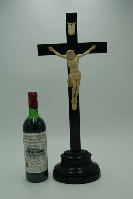 † 19Th Signed Berquet Jesus Christ Plaster Corpus Wood Cross Crucifix France †
