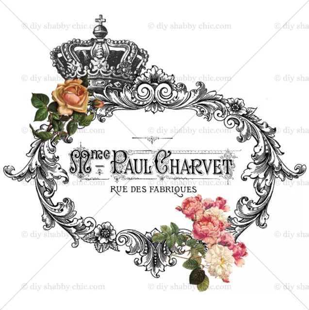 Waterslide Decal Image Transfer Vintage Antique French Upcycle Rose Crown Frame
