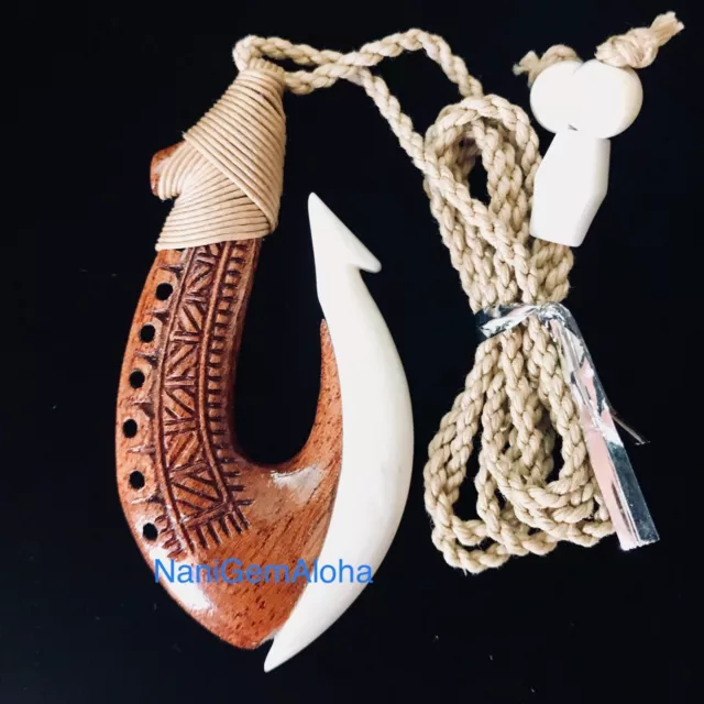 Hawaiian Jewelry Hand Carved Koa Wood Buffalo Bone Fish Hook Pendant Necklace