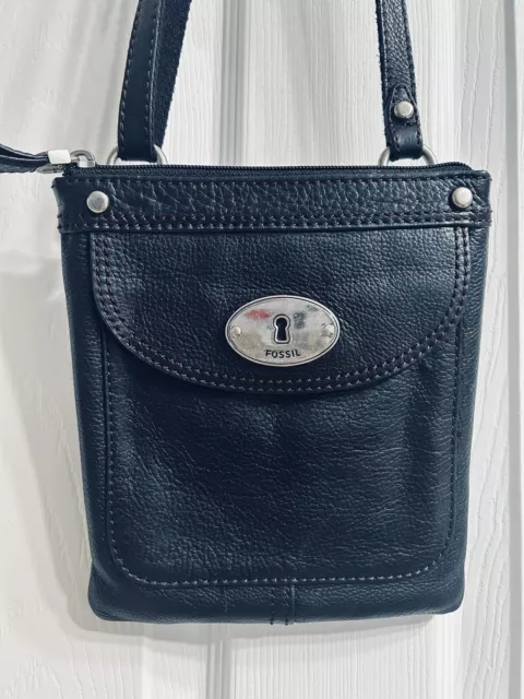 FOSSIL black leather organizer wallet purse crossbody shoulder bag NICE