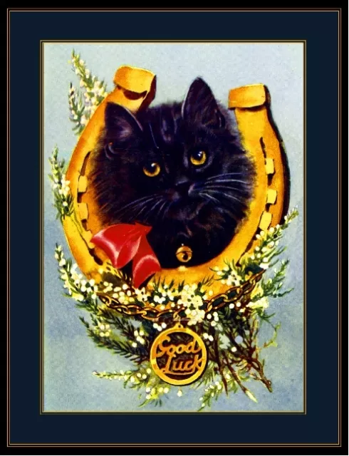 English Picture Print Good Luck Black Kitten Cat Art