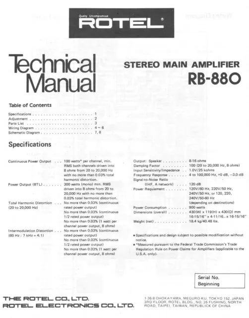 Service Manuel D'Instructions pour Rotel RB-880