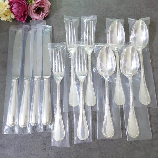 Christofle Perles 12pcs Silverplate Flatware Table Fork Knife Spoon Excellent