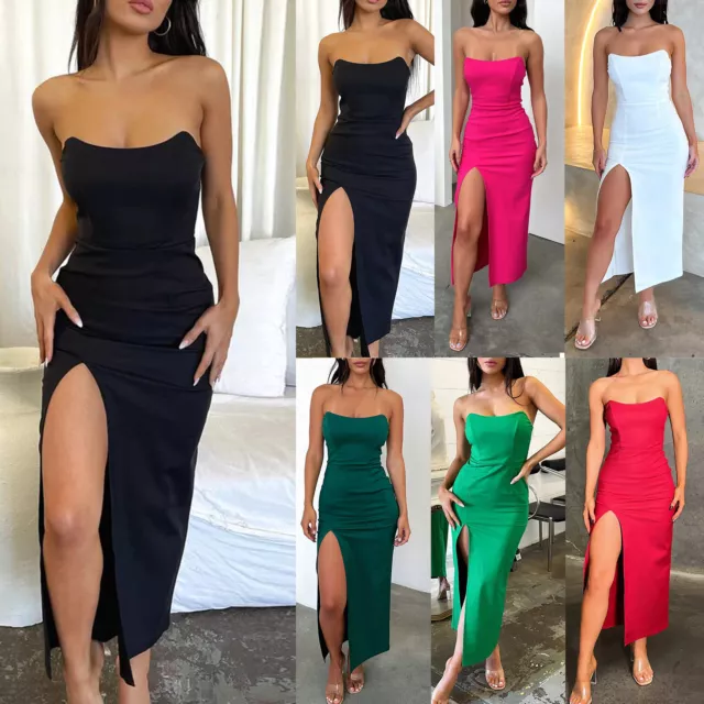 fr Women Strapless Dress Off Shoulder Slash Neck Zipper Solid Color Vacation Out