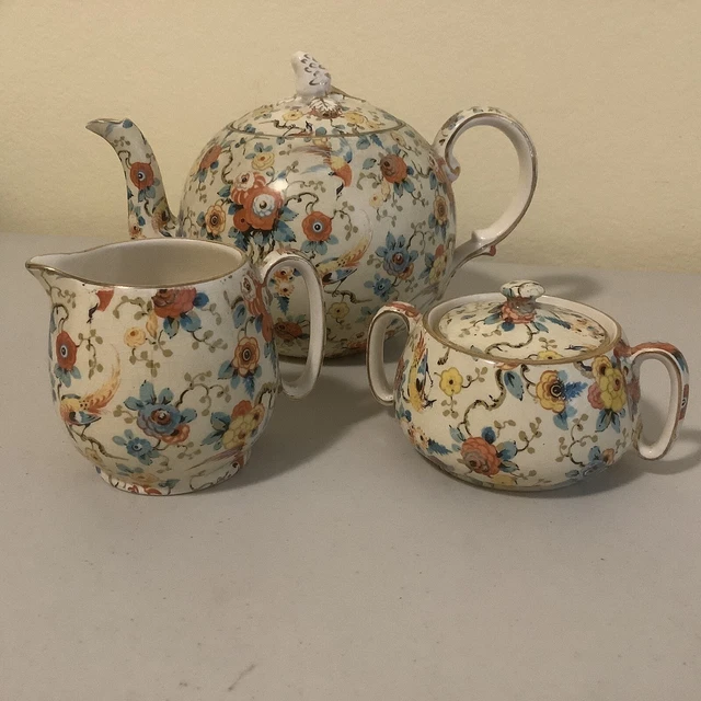 Antique/Rare “Exotic Bird” Royal Winton Grimwades Teapot/creamer/sugar