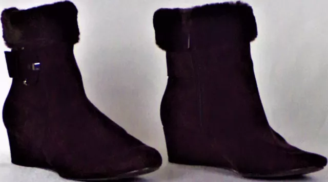 IMPO size 6.5M GEORGIE brown faux-suede low wedge-heel ankle boots faux-fur trim