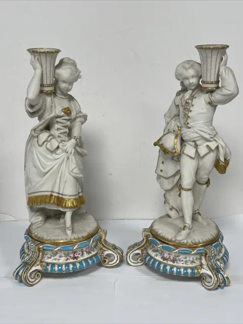 German  Candlestick Holders Biscuit Porcelain Pair Matching Figurines 19 Century