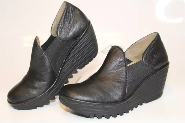 Fly London Yua P500578000 Womens 37 7 Black Leather Wedge Clogs Heels Shoes