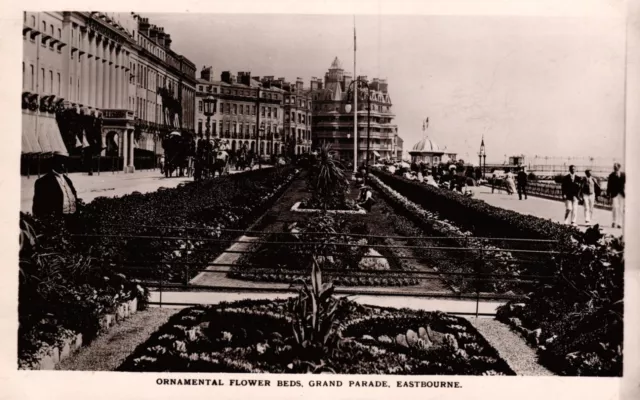 Eastbourne Sussex Real Photograph Postcard C1920 Grand Parade Flower Beds