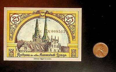 1921 Germany LEMGO 25  Phennig Banknote / Notgeld