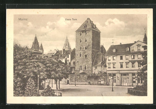 AK Mainz, Straßenpartie mit Eisern Turm 1917