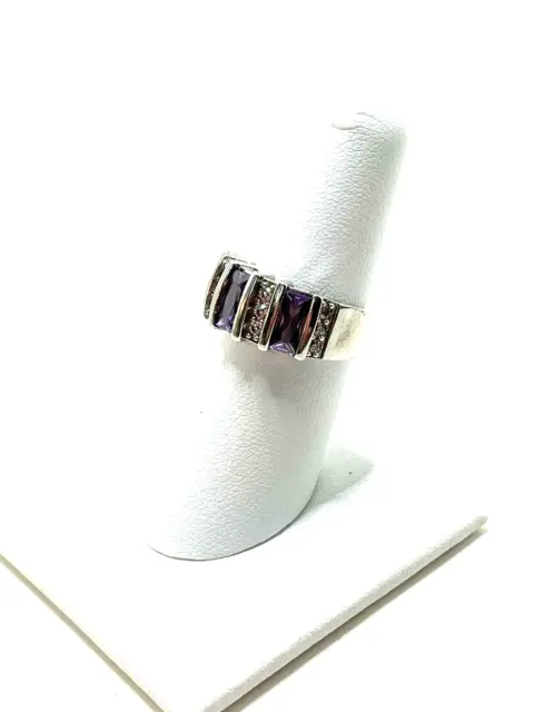Ladies Sterling Silver and Glass Amethyst Clear Rhinestones Band Ring-size 7