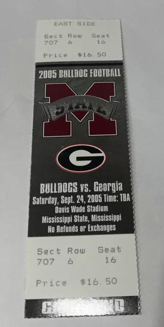 Mississippi state Football Vs Georgia game Day ticket Stub. 2005.